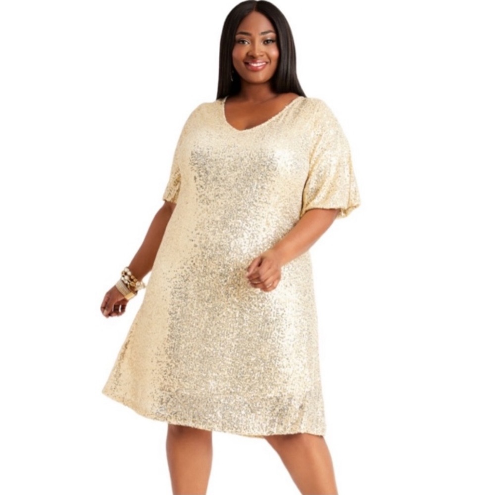 ASHLEY STEWART sz 26/28 Gold Sequin Dress VNeck Short-Sleeve Lined Party $70 NEW